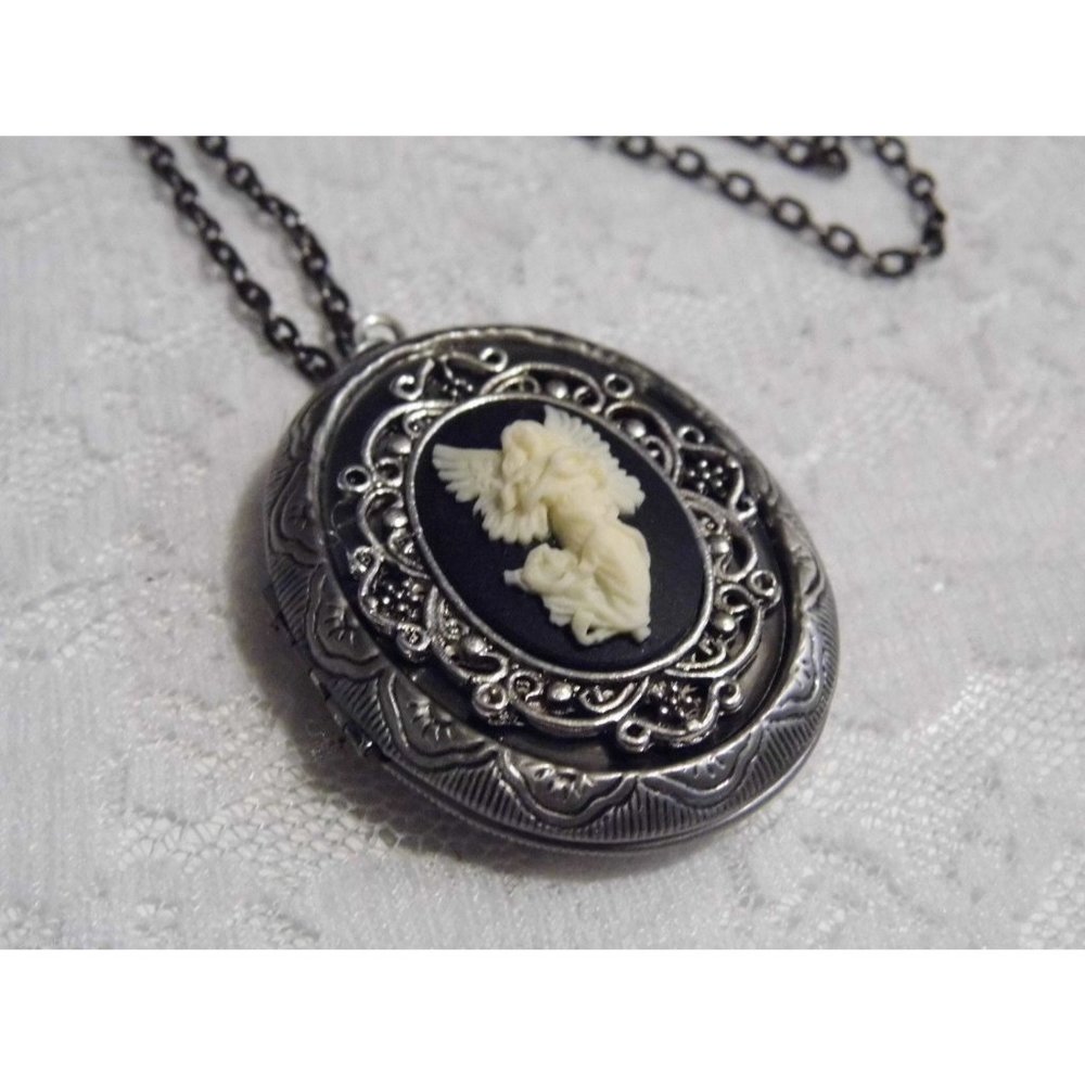 Wedding gift mom birthday photo Angel Guardian Antique Silver Locket Necklace